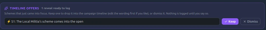 Reveal a scheme, and the engine offers to log it.